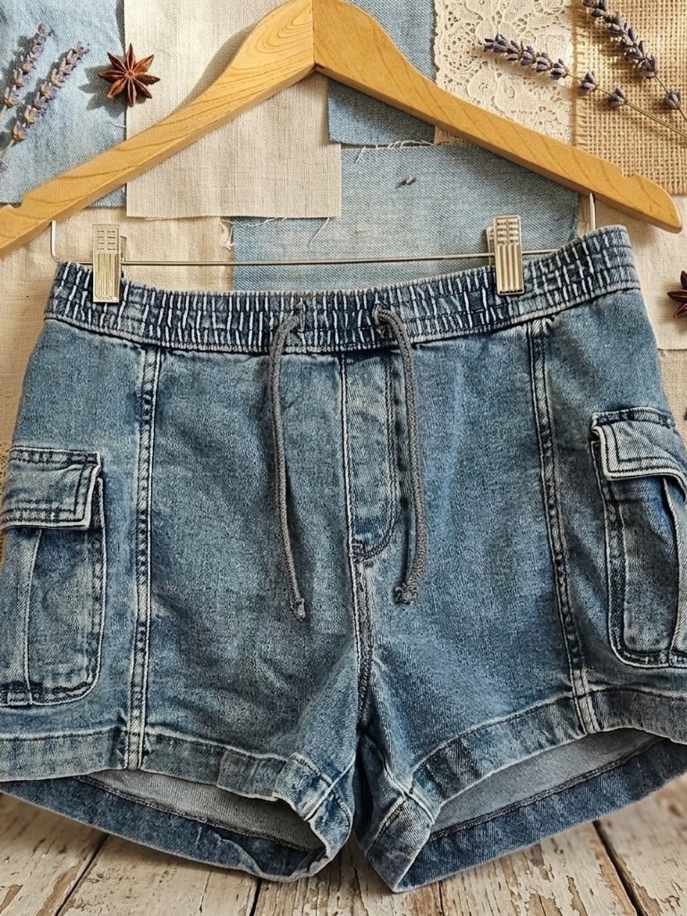 ​Thereabouts Girls Denim Cargo Shorts Elastic Waist Drawstring Size L 14.5/16.5
